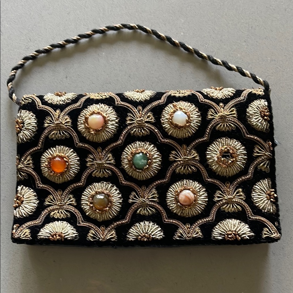 Elegant Black and Gold Zardozi Velvet Clutch